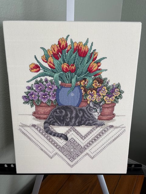 Tulips, Pansies and Max Cross Stitch