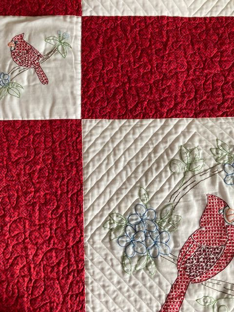 Cardinals Everywhere Embroidered Handmade Quilt