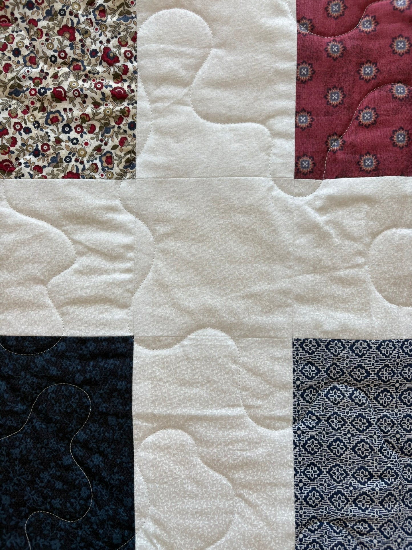 Maroon and Blue Floral Handmade Quilt