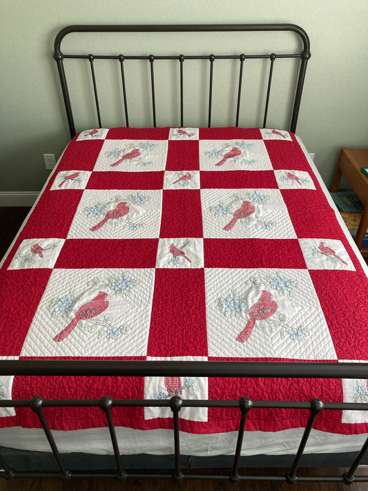 Cardinals Everywhere Embroidered Handmade Quilt