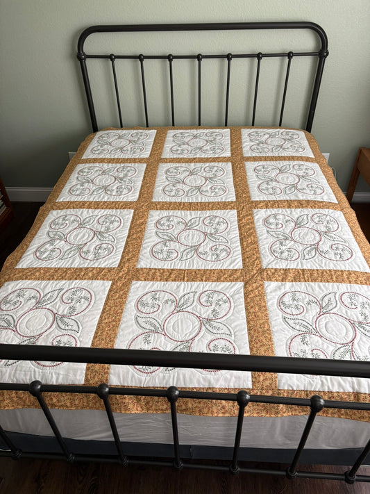 Vintage Swirls Embroidered VII Handmade Quilt